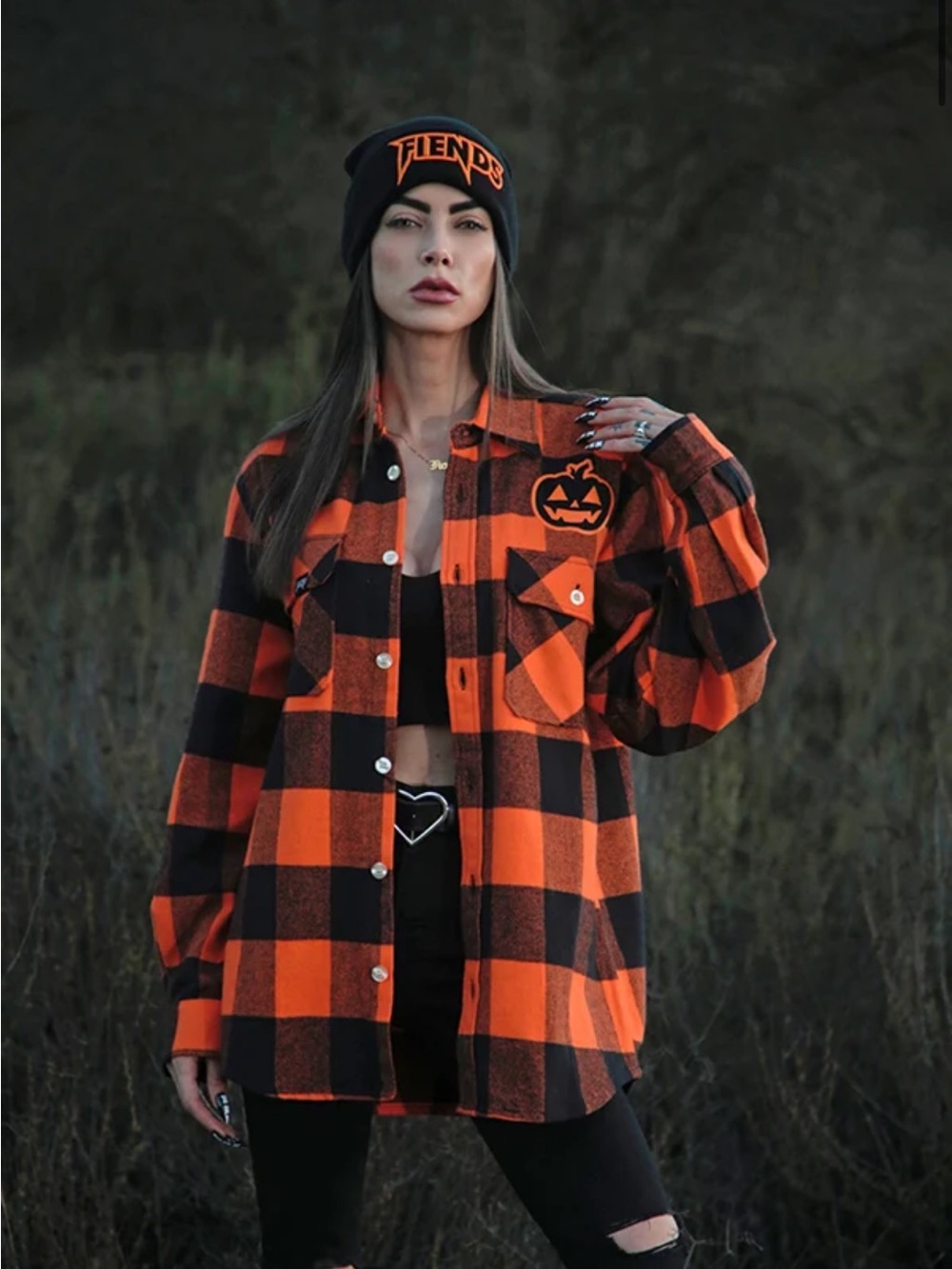 Fiends Women's Orange Black Buffalo Plaid Shacket with Pumpkin Patch